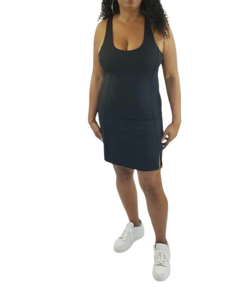 Front of a model wearing a size Large Exercise Dress With Racerback Straps In Black in Black by mono b. | dia_product_style_image_id:346355